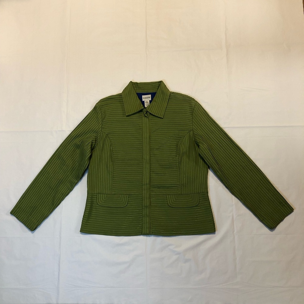 Chico’s Women’s Long Sleeve Collared Button-Down Green Textured Jacket size L